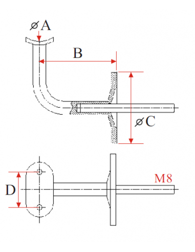 INOX ACC.SOPORTE VARILLA 90º RECTO PLETINA CURVA EMBUTIR 43 PULIDO