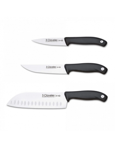 3 CLAVELES JUEGO CUCHILLOS COCINA 13.5 cm.+VERDURAS 9 cm.EVO+SANTOKU 18 cm.