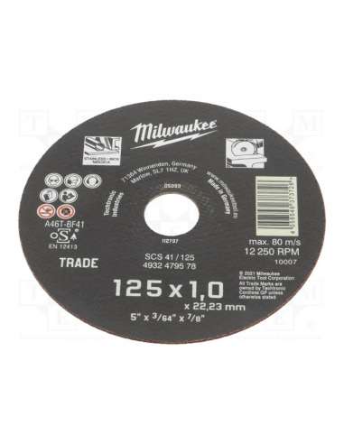 DISCO DE CORTE PLANO DE AÇO INOXIDÁVEL MILWAUKEE 125*1.0