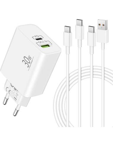 CARGADOR MOVIL USB C 30W + 2  CABLES C 2 M.