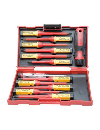 CONJUNTO DE CHAVE DE FENDA PROSKIT 1000V PLANO, PHILIPS, POZIDRIV, TORX, FINDER, PUNHO DE SEGURANÇA (CASO 11 PZ.